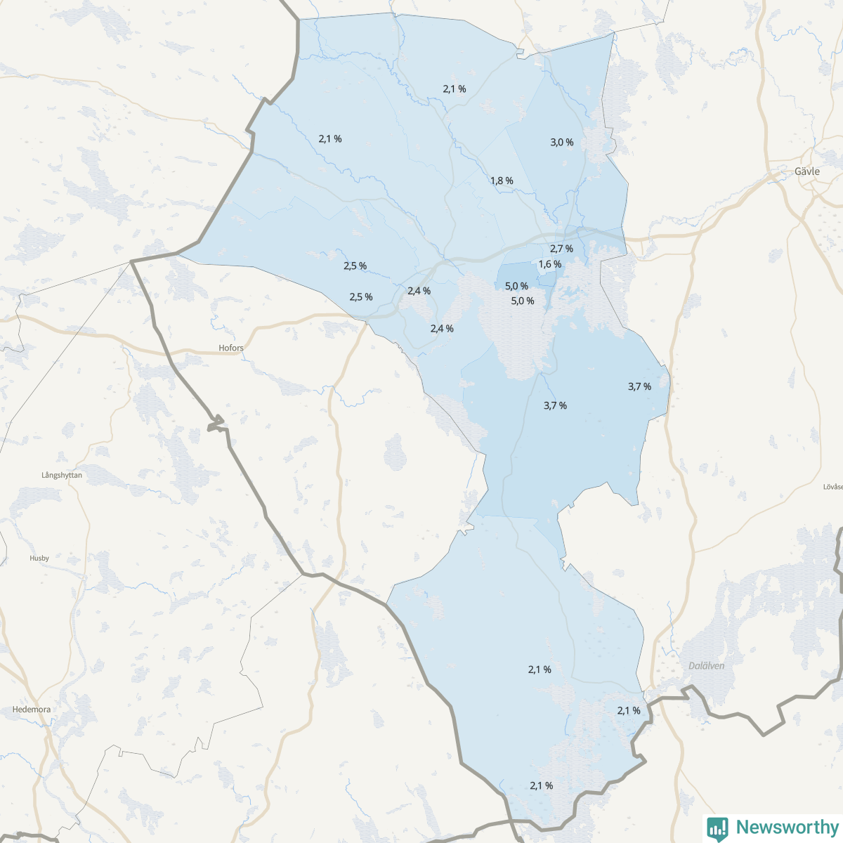 Koroplet-karta över partiets stöd i kommunens valdistrikt. Se tabell.