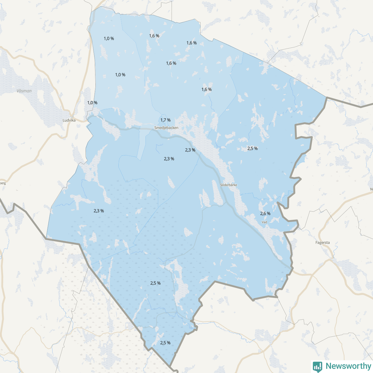 Koroplet-karta över partiets stöd i kommunens valdistrikt. Se tabell.