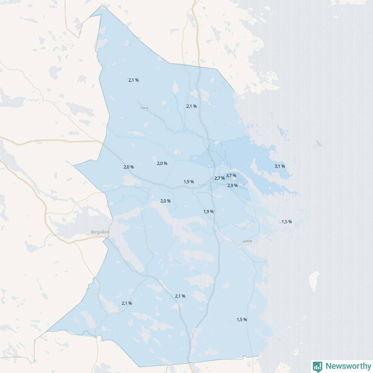 Koroplet-karta över partiets stöd i kommunens valdistrikt. Se tabell.