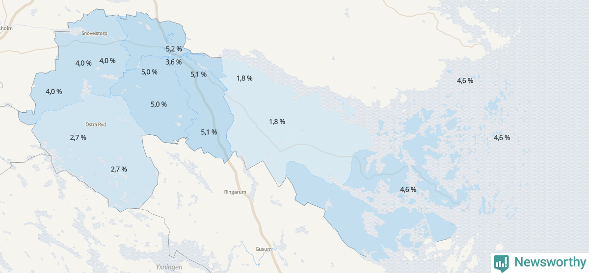 Koroplet-karta över partiets stöd i kommunens valdistrikt. Se tabell.
