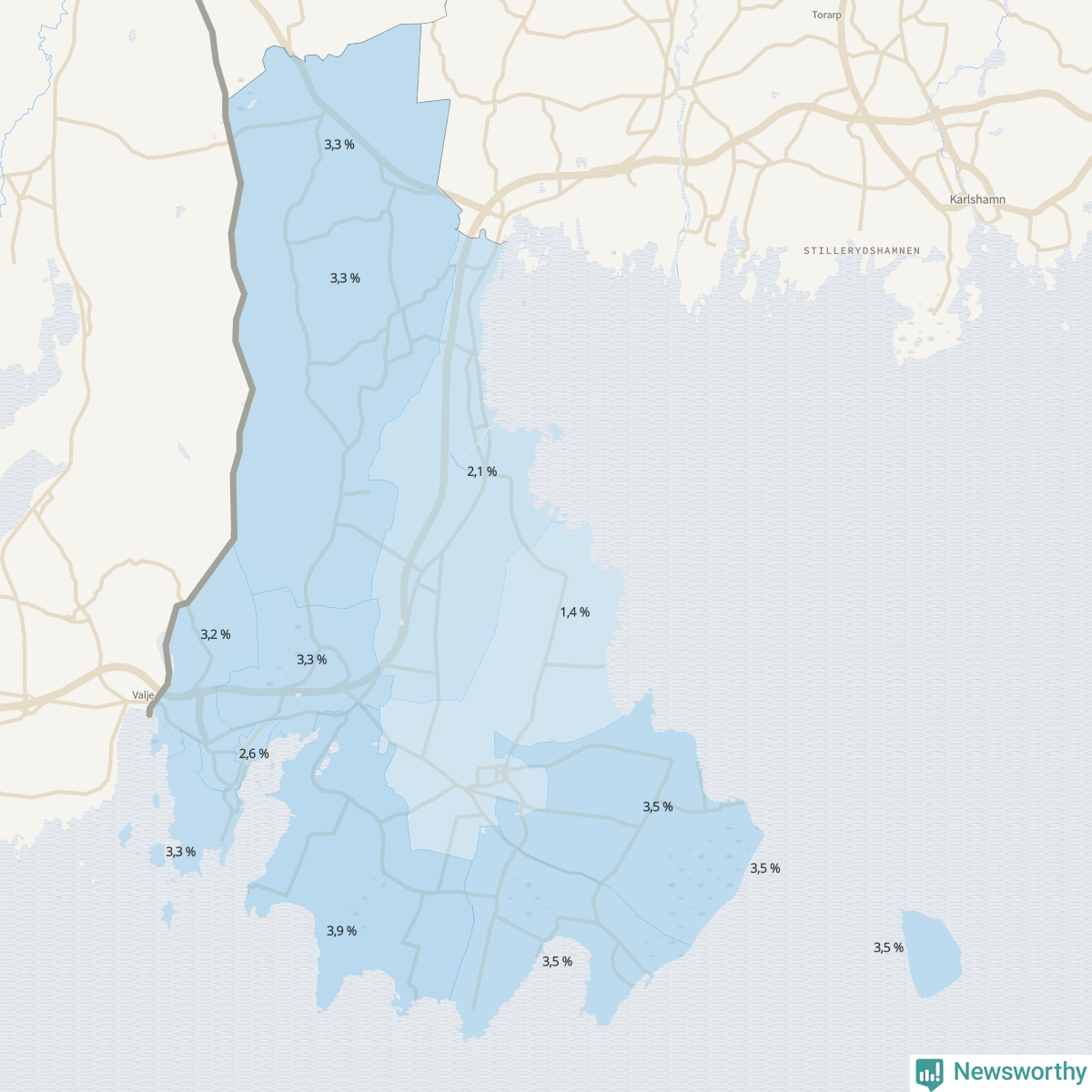 Koroplet-karta över partiets stöd i kommunens valdistrikt. Se tabell.