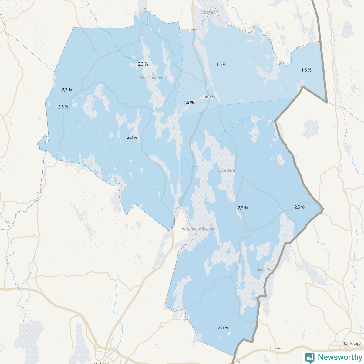 Koroplet-karta över partiets stöd i kommunens valdistrikt. Se tabell.