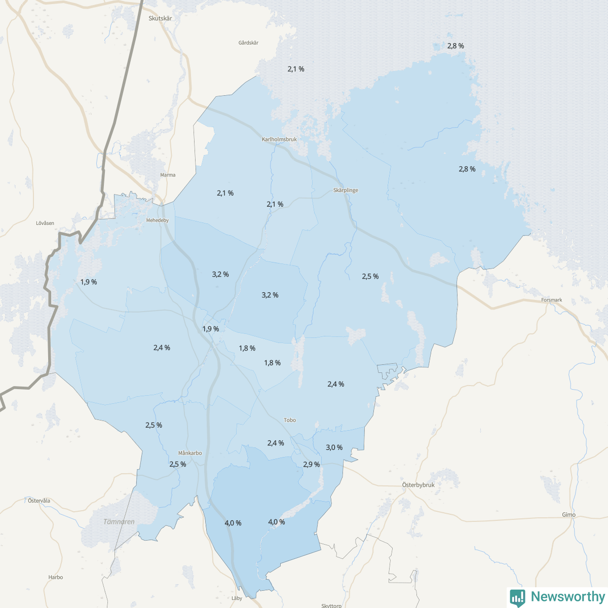 Koroplet-karta över partiets stöd i kommunens valdistrikt. Se tabell.