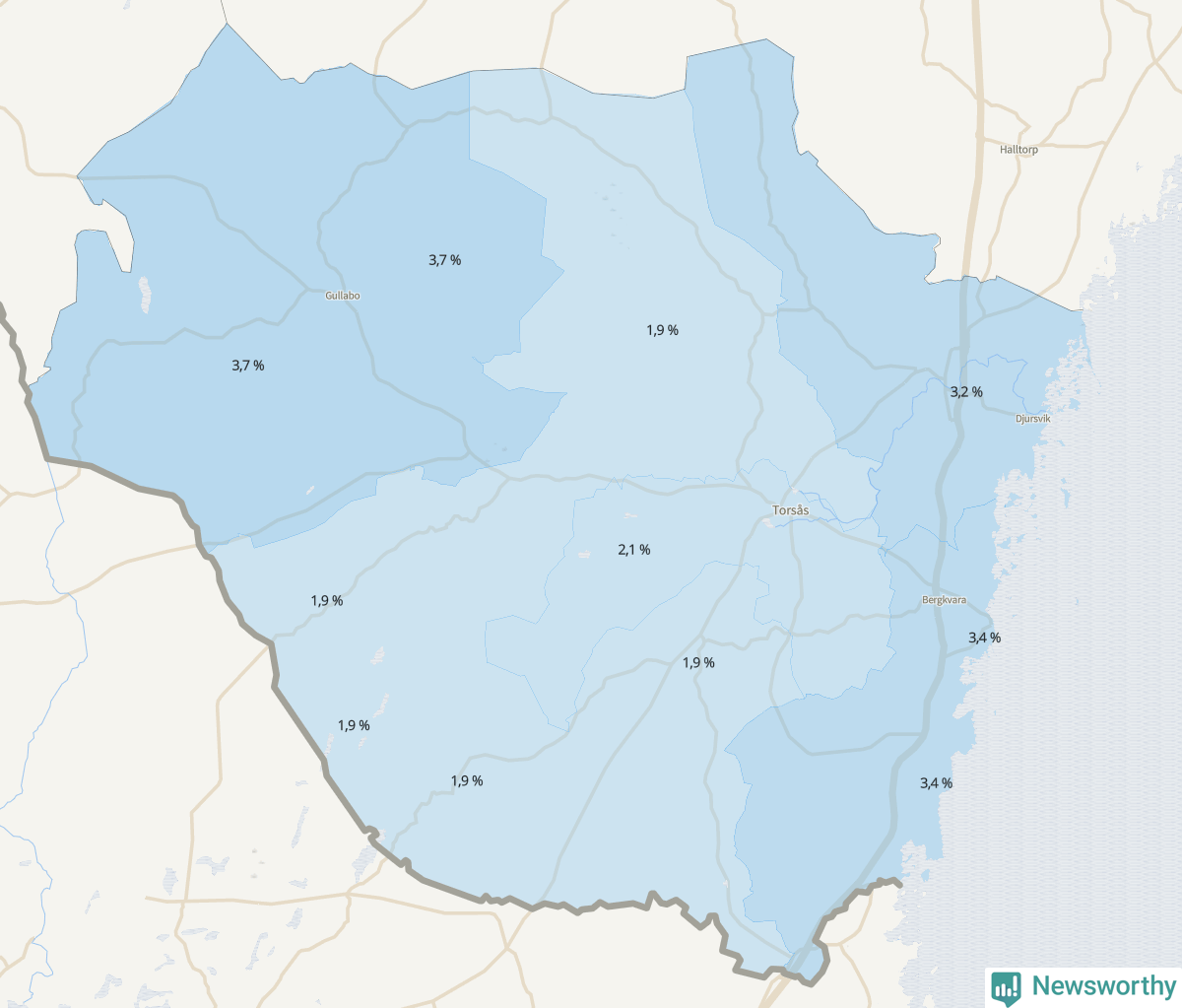 Koroplet-karta över partiets stöd i kommunens valdistrikt. Se tabell.