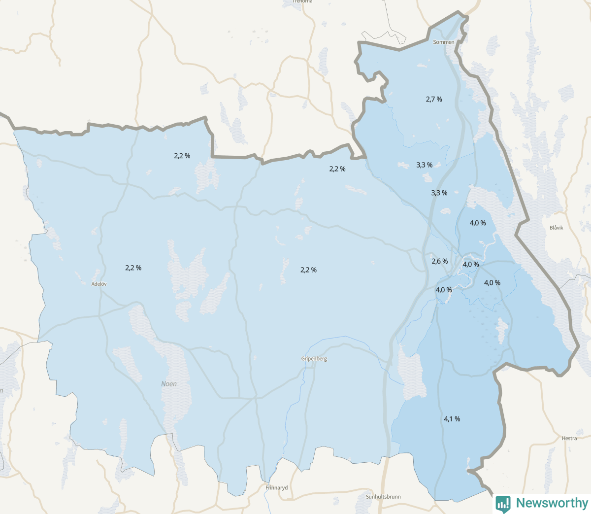 Koroplet-karta över partiets stöd i kommunens valdistrikt. Se tabell.