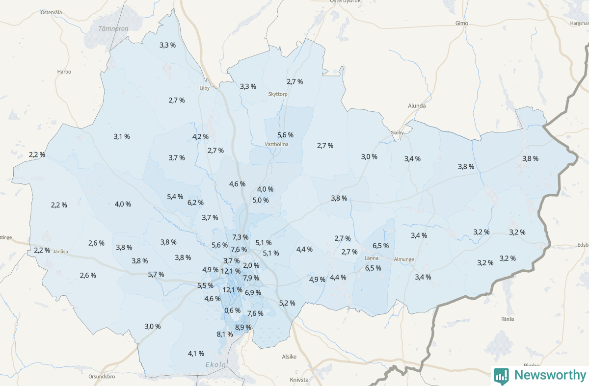 Koroplet-karta över partiets stöd i kommunens valdistrikt. Se tabell.