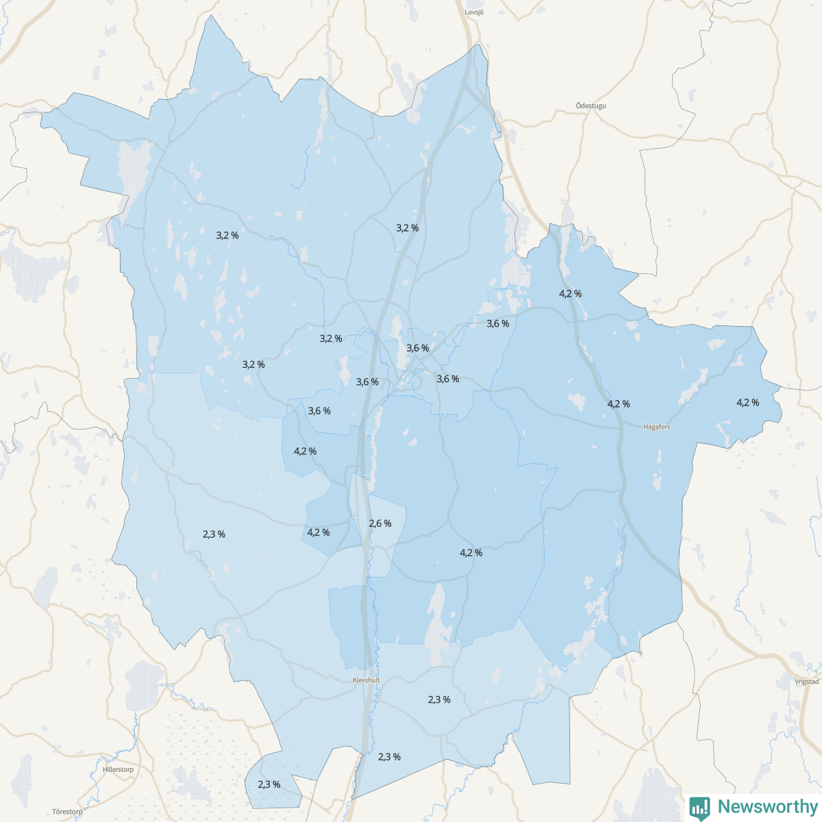Koroplet-karta över partiets stöd i kommunens valdistrikt. Se tabell.