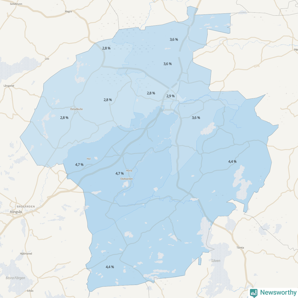 Koroplet-karta över partiets stöd i kommunens valdistrikt. Se tabell.