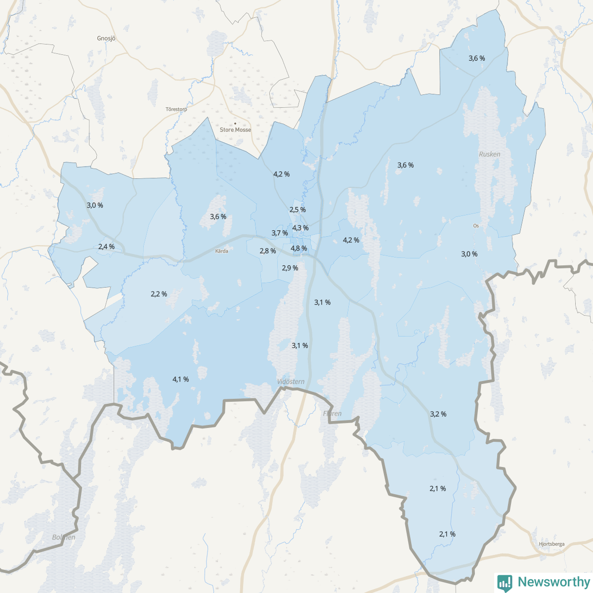 Koroplet-karta över partiets stöd i kommunens valdistrikt. Se tabell.