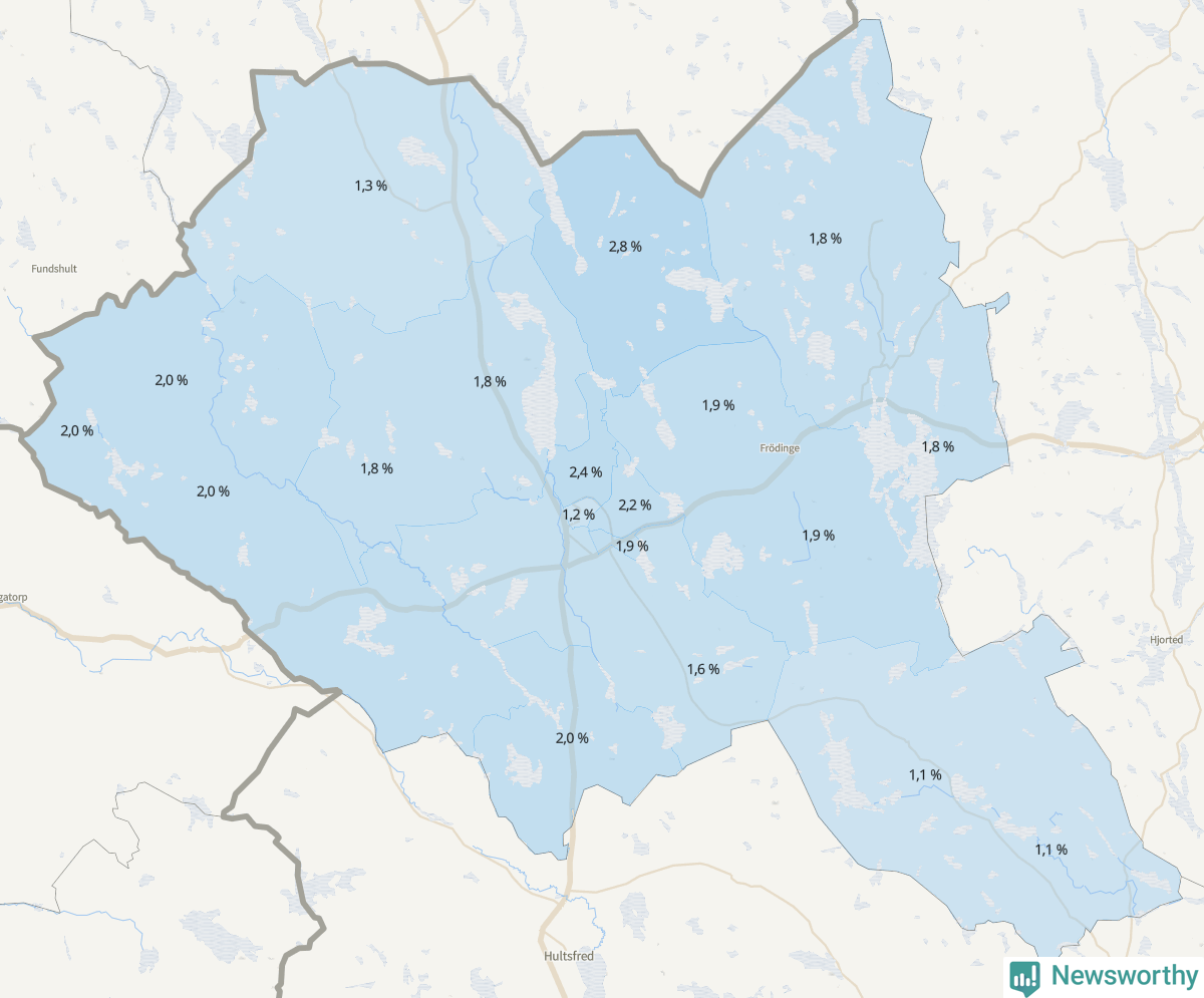 Koroplet-karta över partiets stöd i kommunens valdistrikt. Se tabell.