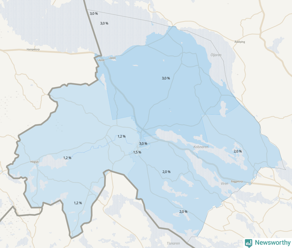Koroplet-karta över partiets stöd i kommunens valdistrikt. Se tabell.