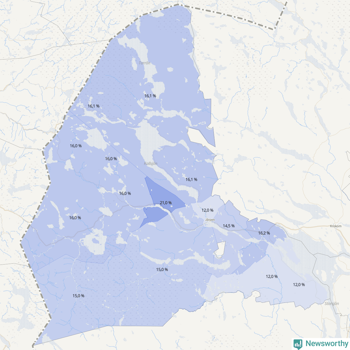 Koroplet-karta över partiets stöd i kommunens valdistrikt. Se tabell.