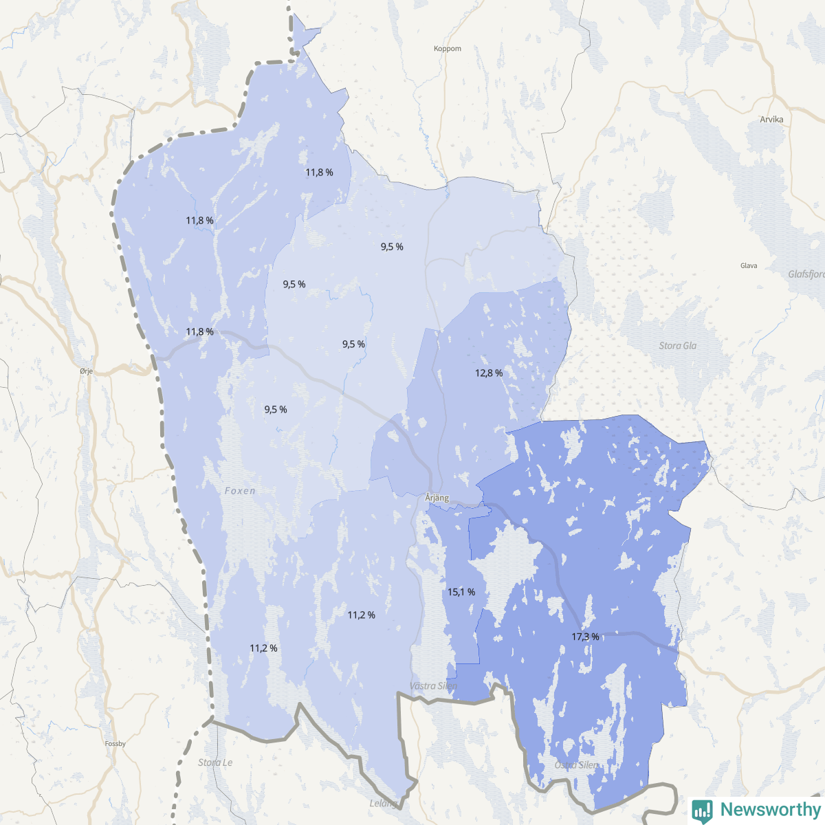Koroplet-karta över partiets stöd i kommunens valdistrikt. Se tabell.