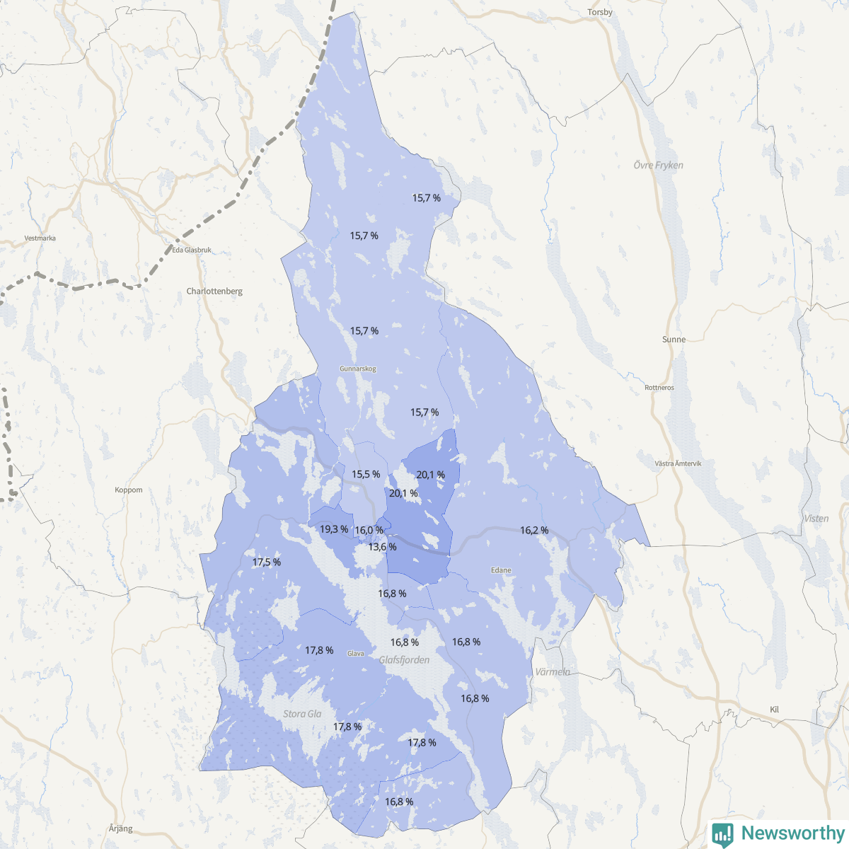 Koroplet-karta över partiets stöd i kommunens valdistrikt. Se tabell.