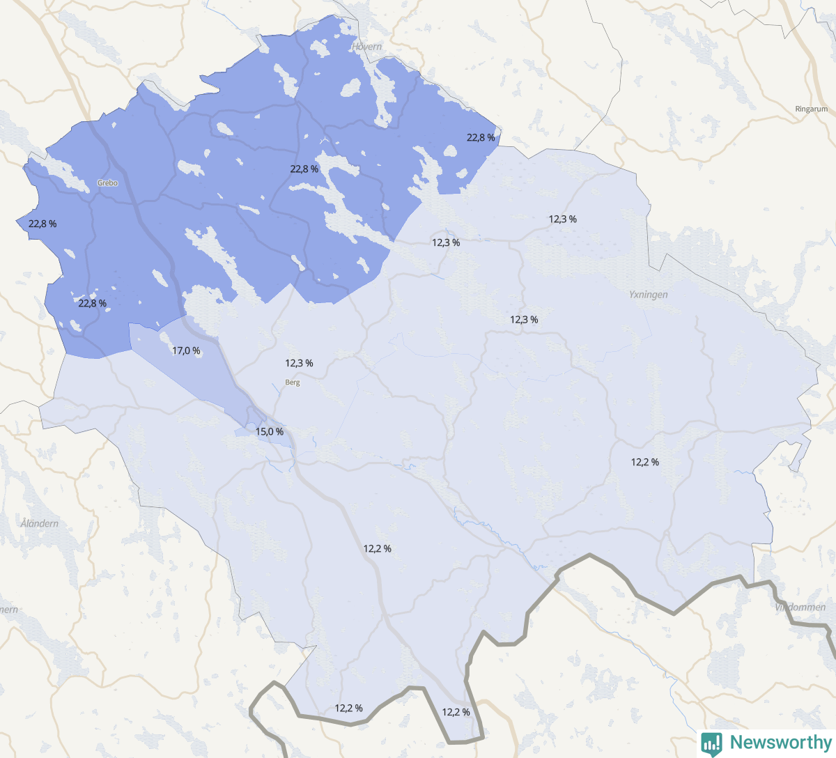 Koroplet-karta över partiets stöd i kommunens valdistrikt. Se tabell.
