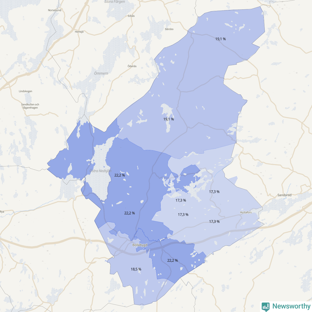 Koroplet-karta över partiets stöd i kommunens valdistrikt. Se tabell.