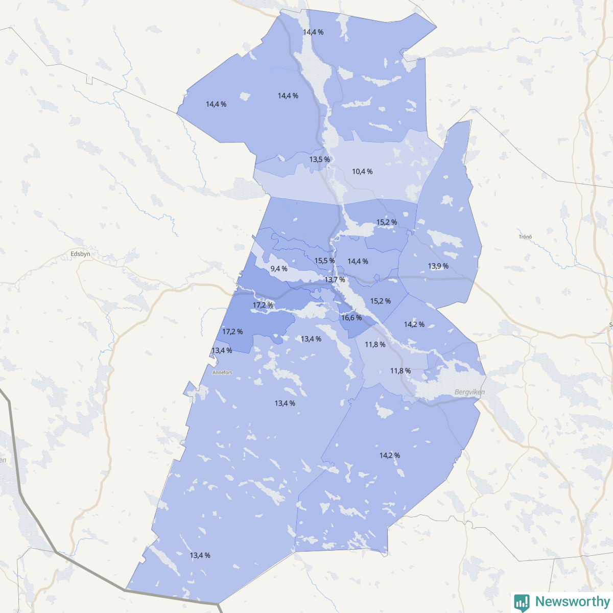 Koroplet-karta över partiets stöd i kommunens valdistrikt. Se tabell.