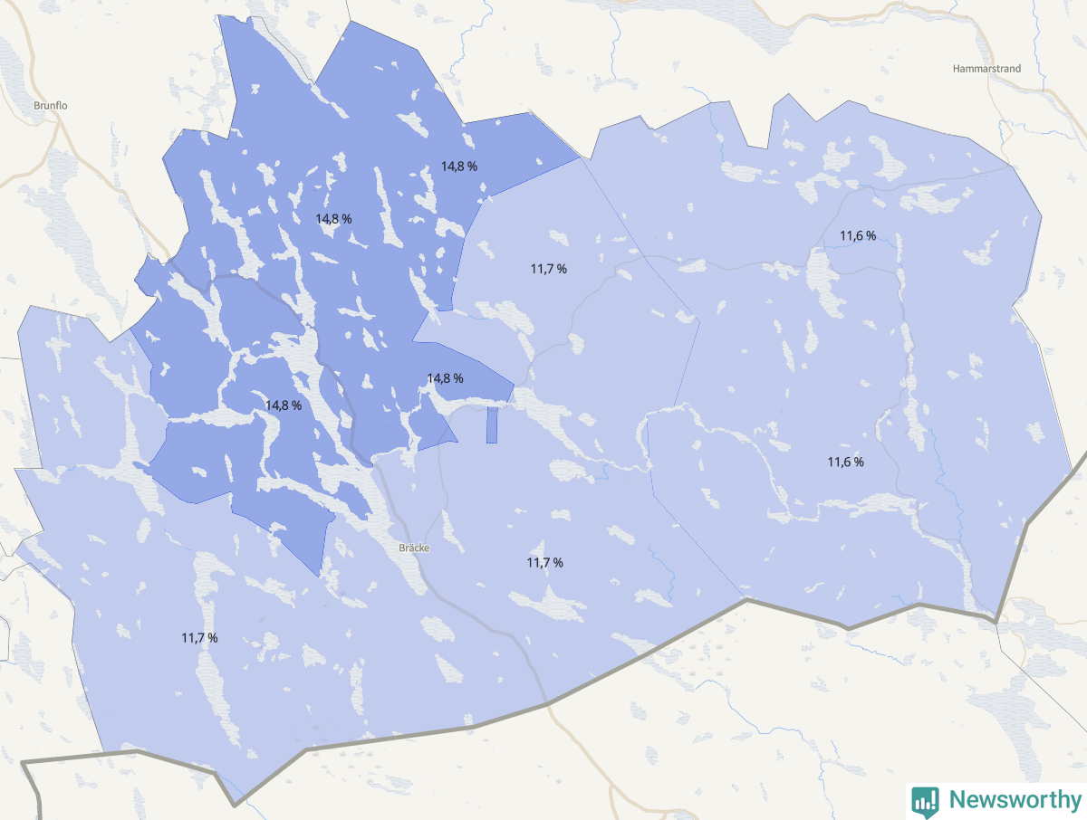 Koroplet-karta över partiets stöd i kommunens valdistrikt. Se tabell.