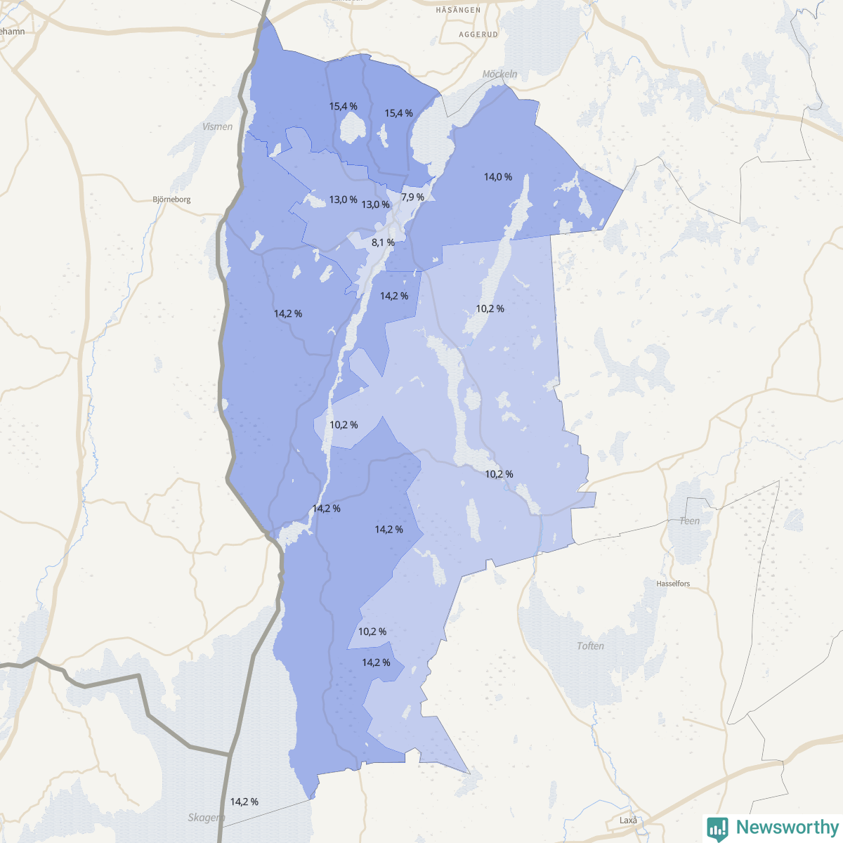 Koroplet-karta över partiets stöd i kommunens valdistrikt. Se tabell.