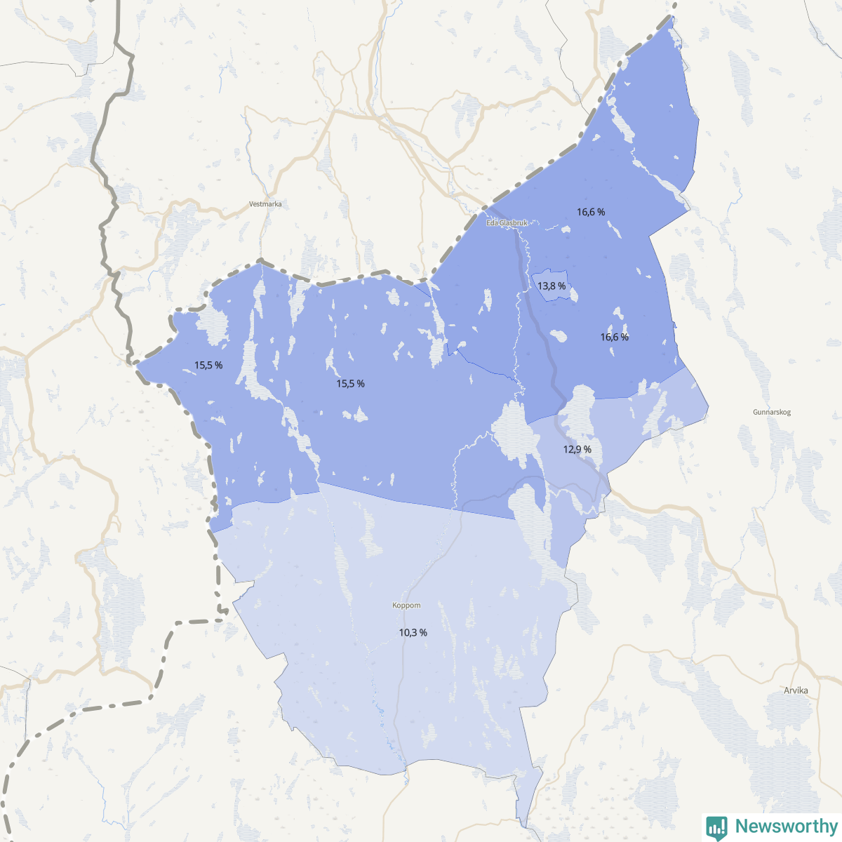 Koroplet-karta över partiets stöd i kommunens valdistrikt. Se tabell.