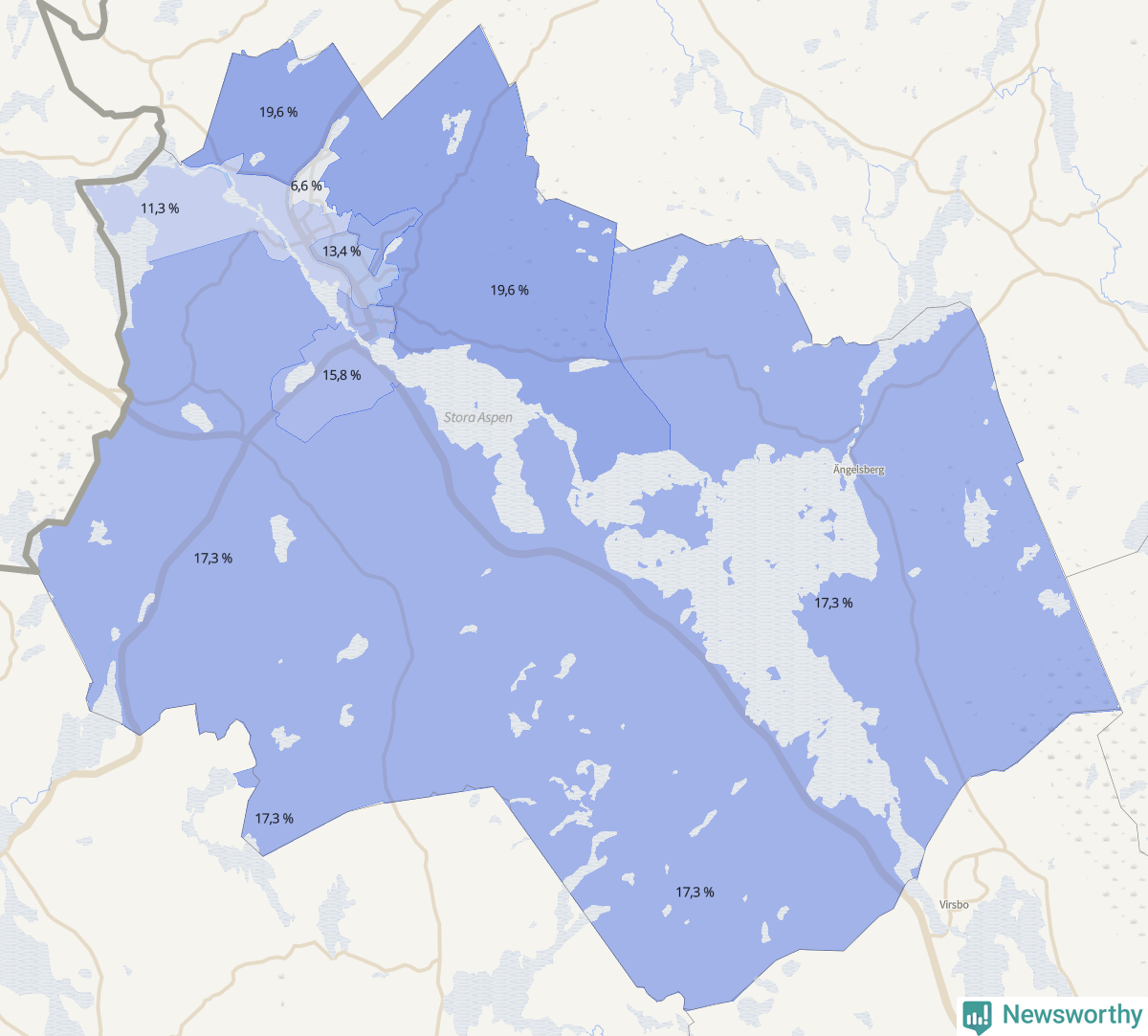Koroplet-karta över partiets stöd i kommunens valdistrikt. Se tabell.