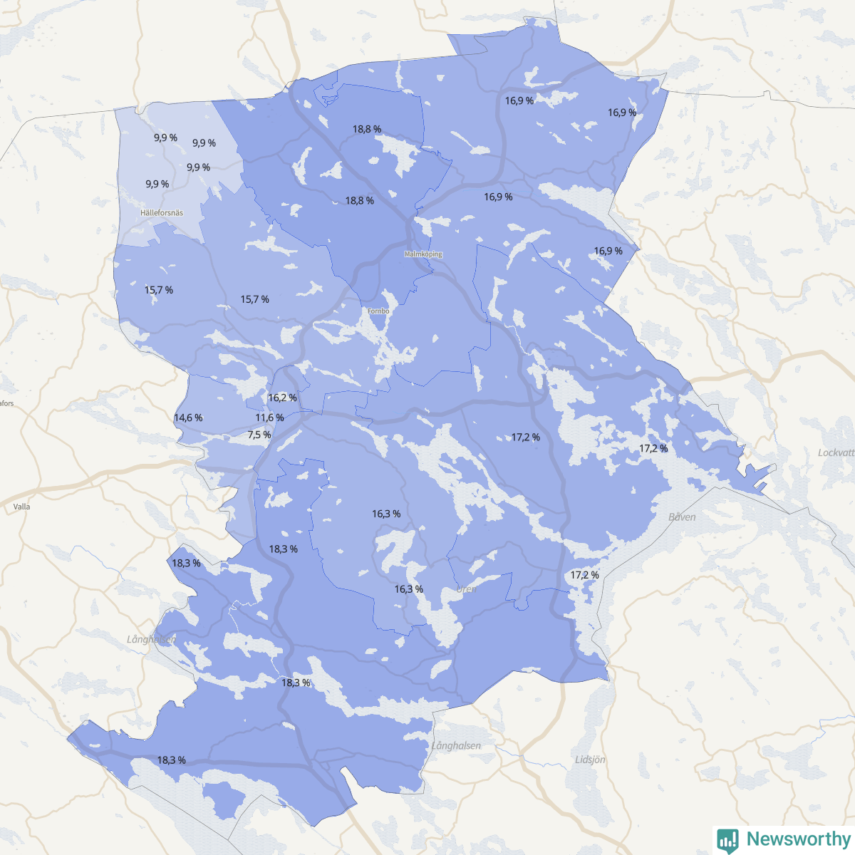 Koroplet-karta över partiets stöd i kommunens valdistrikt. Se tabell.