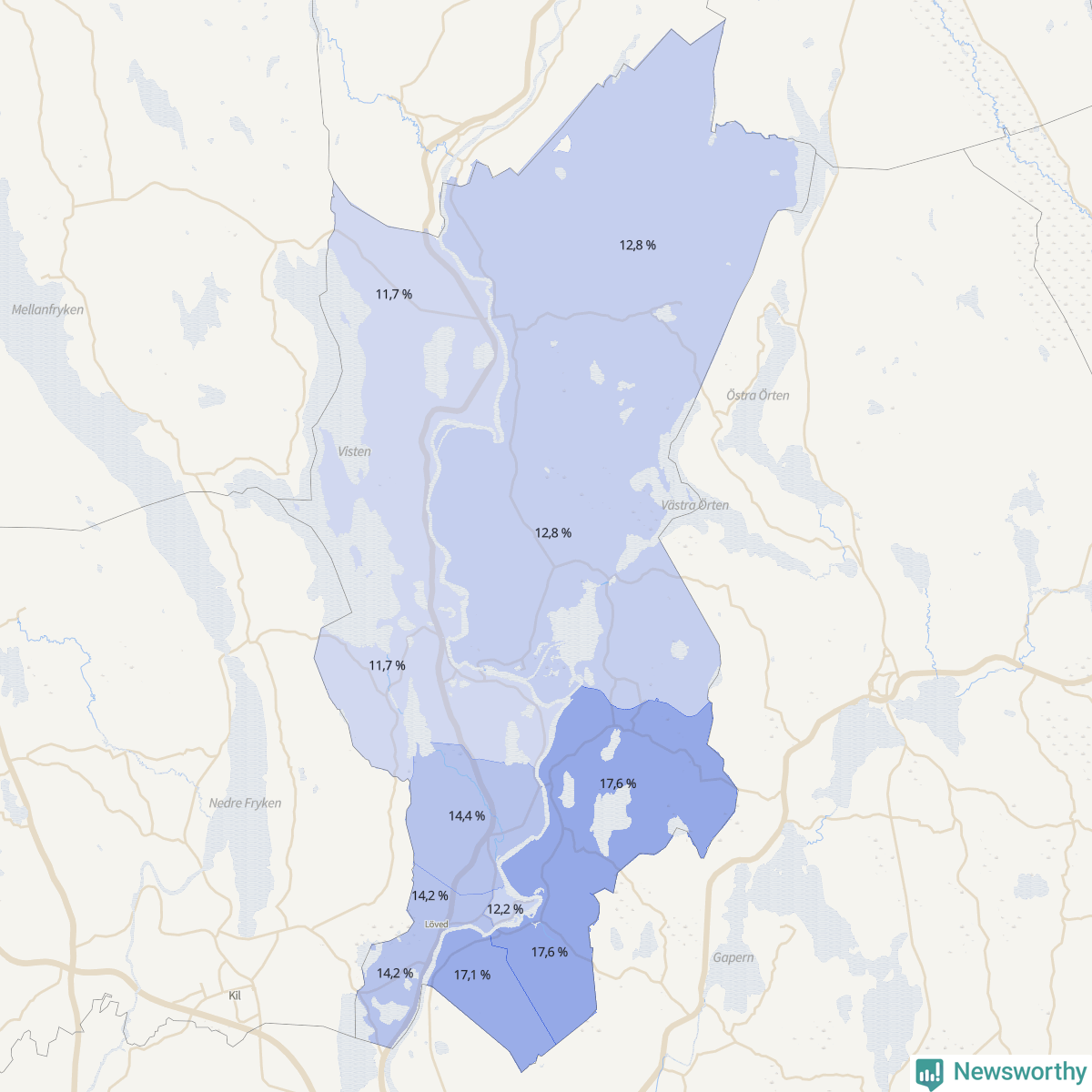Koroplet-karta över partiets stöd i kommunens valdistrikt. Se tabell.