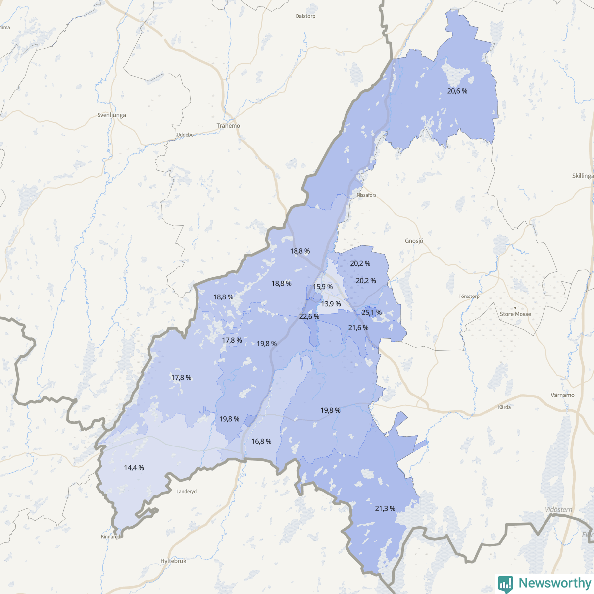 Koroplet-karta över partiets stöd i kommunens valdistrikt. Se tabell.