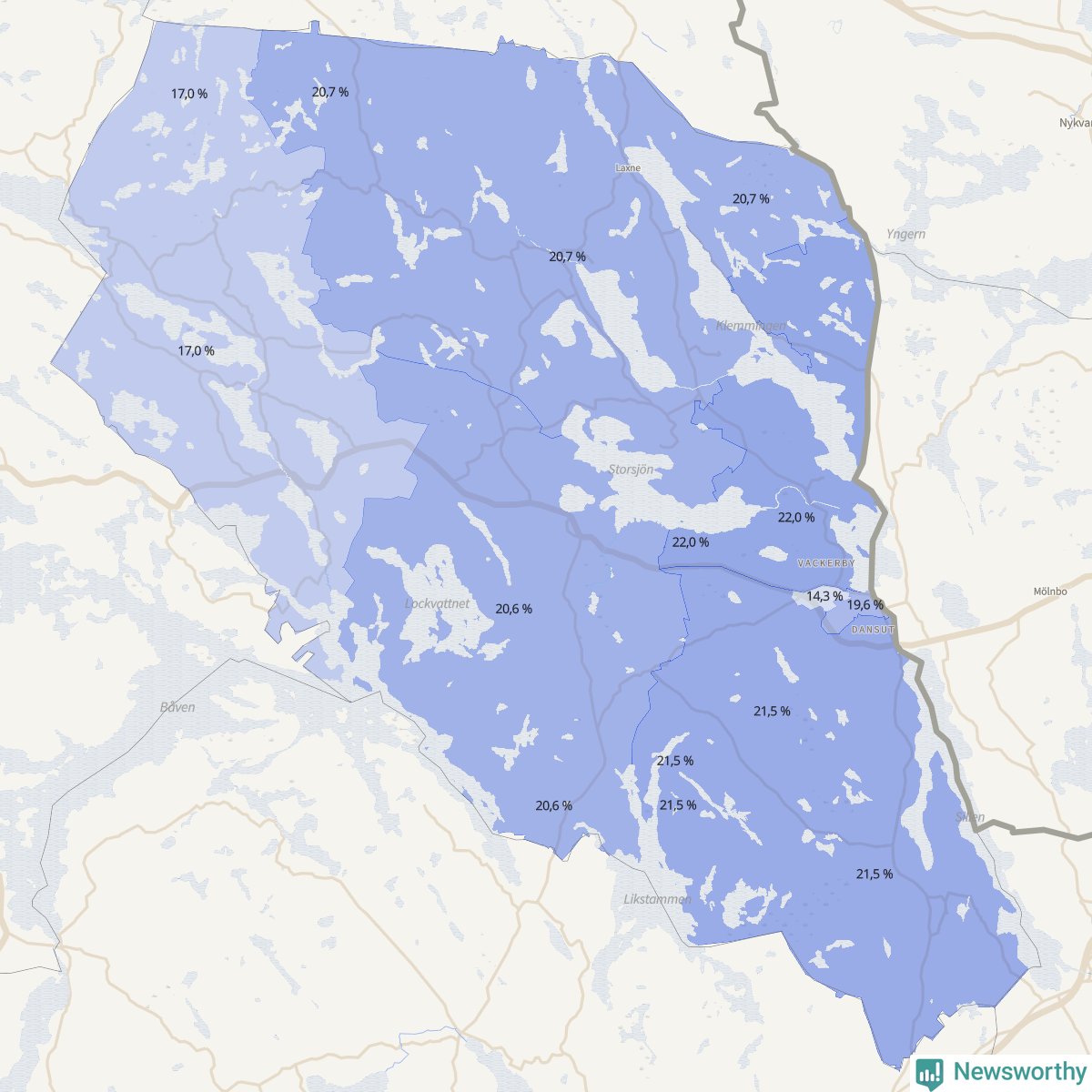 Koroplet-karta över partiets stöd i kommunens valdistrikt. Se tabell.