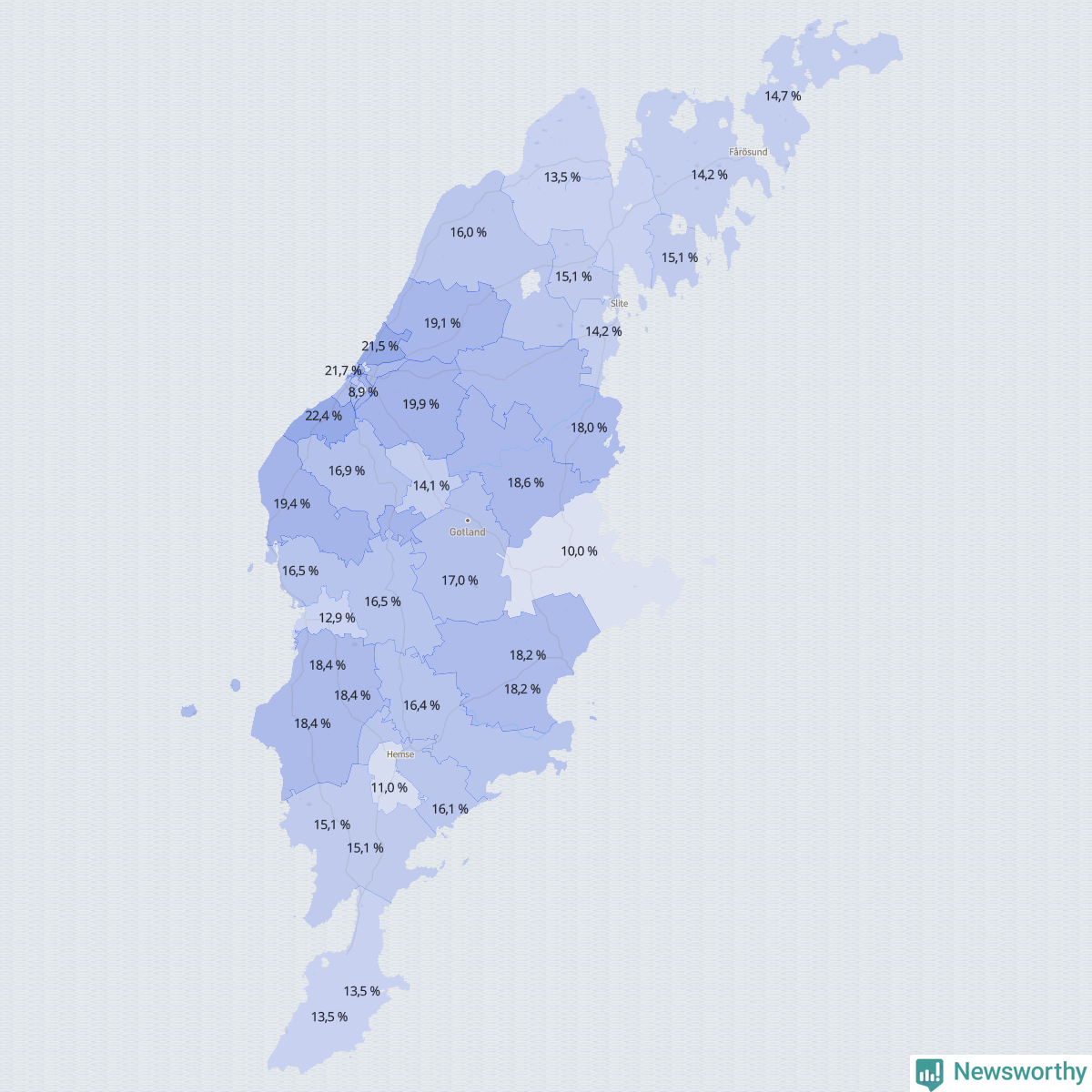 Koroplet-karta över partiets stöd i kommunens valdistrikt. Se tabell.
