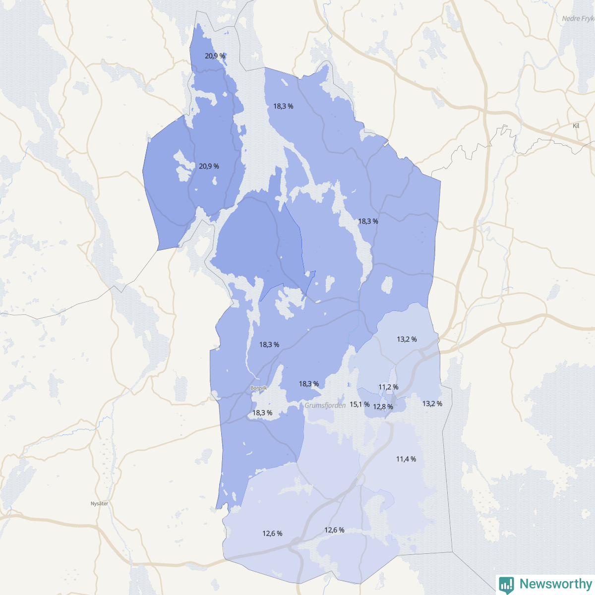 Koroplet-karta över partiets stöd i kommunens valdistrikt. Se tabell.