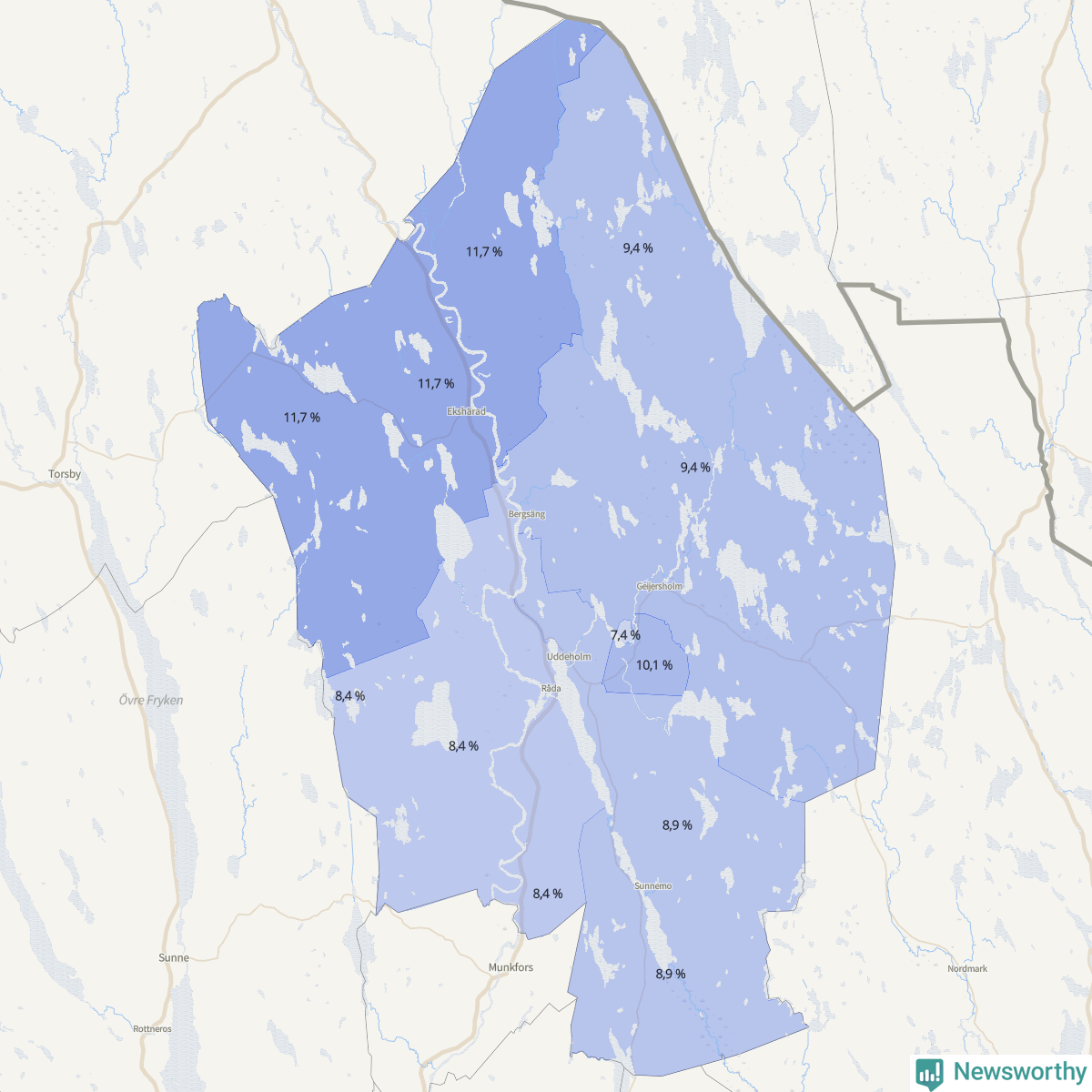 Koroplet-karta över partiets stöd i kommunens valdistrikt. Se tabell.
