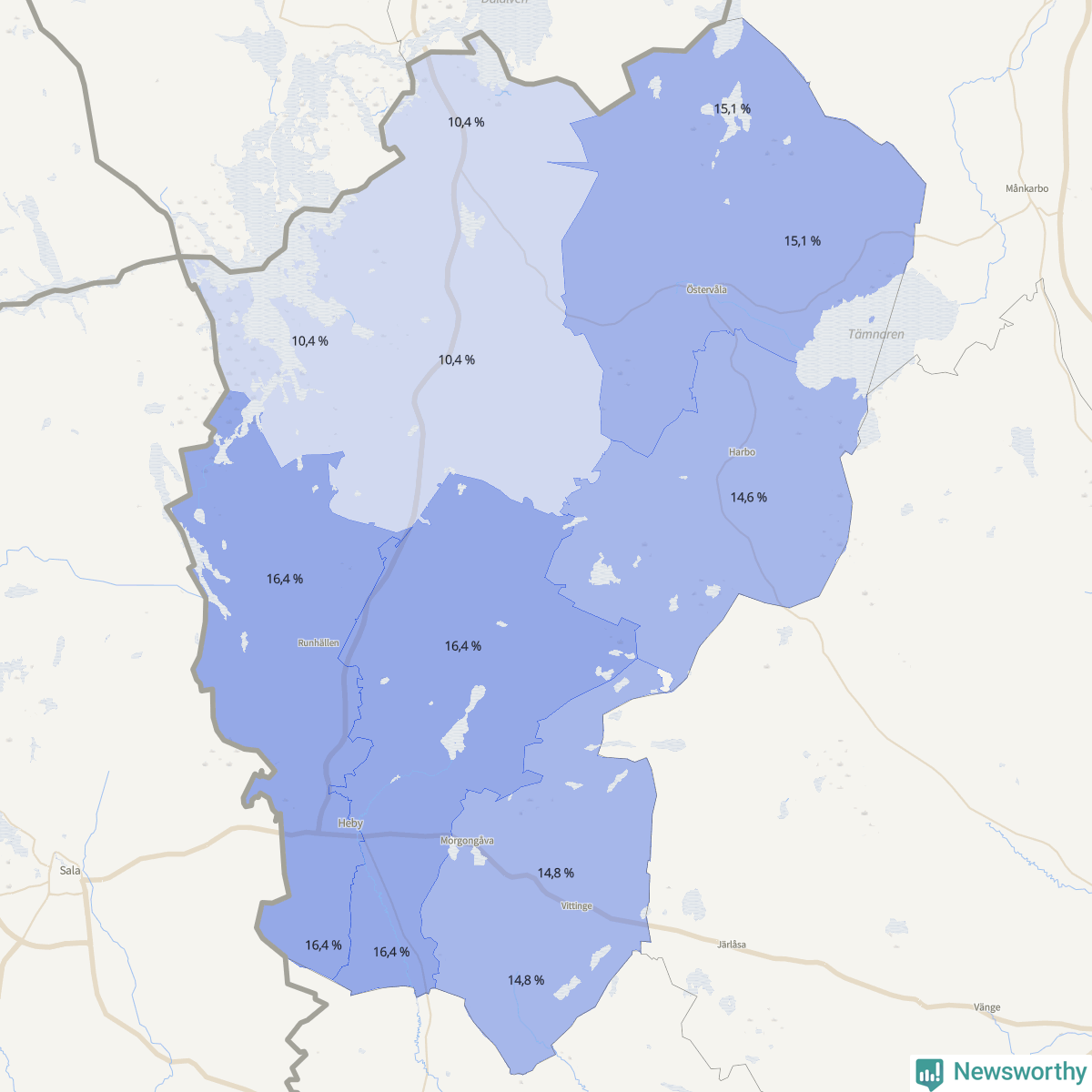 Koroplet-karta över partiets stöd i kommunens valdistrikt. Se tabell.