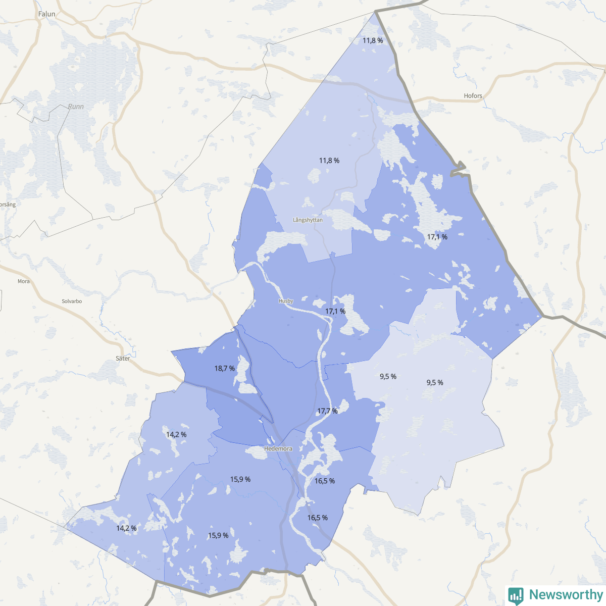 Koroplet-karta över partiets stöd i kommunens valdistrikt. Se tabell.