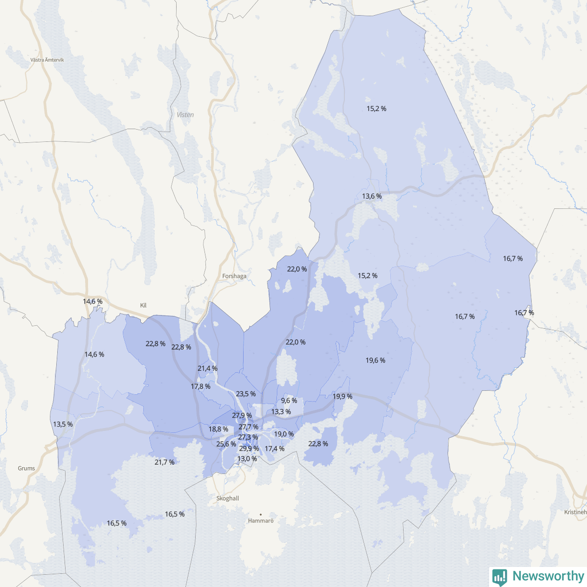 Koroplet-karta över partiets stöd i kommunens valdistrikt. Se tabell.