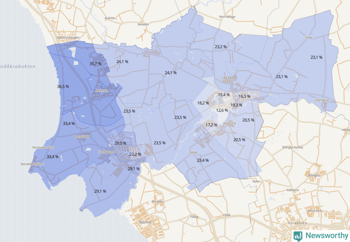 Koroplet-karta över partiets stöd i kommunens valdistrikt. Se tabell.