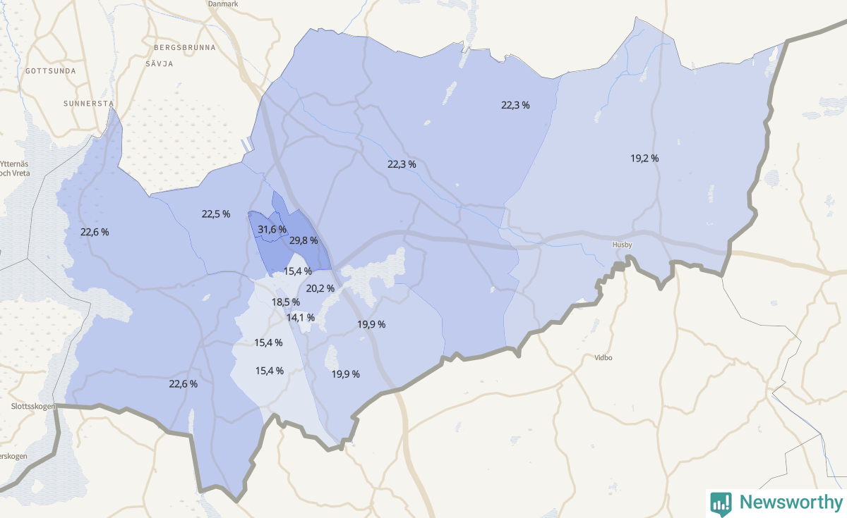 Koroplet-karta över partiets stöd i kommunens valdistrikt. Se tabell.