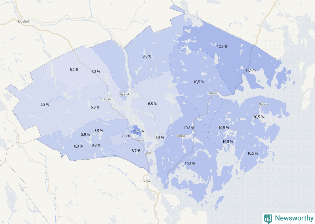 Koroplet-karta över partiets stöd i kommunens valdistrikt. Se tabell.