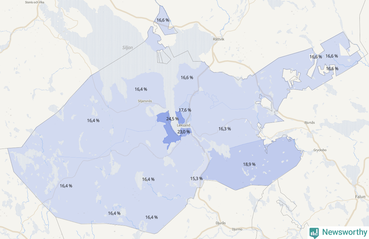 Koroplet-karta över partiets stöd i kommunens valdistrikt. Se tabell.