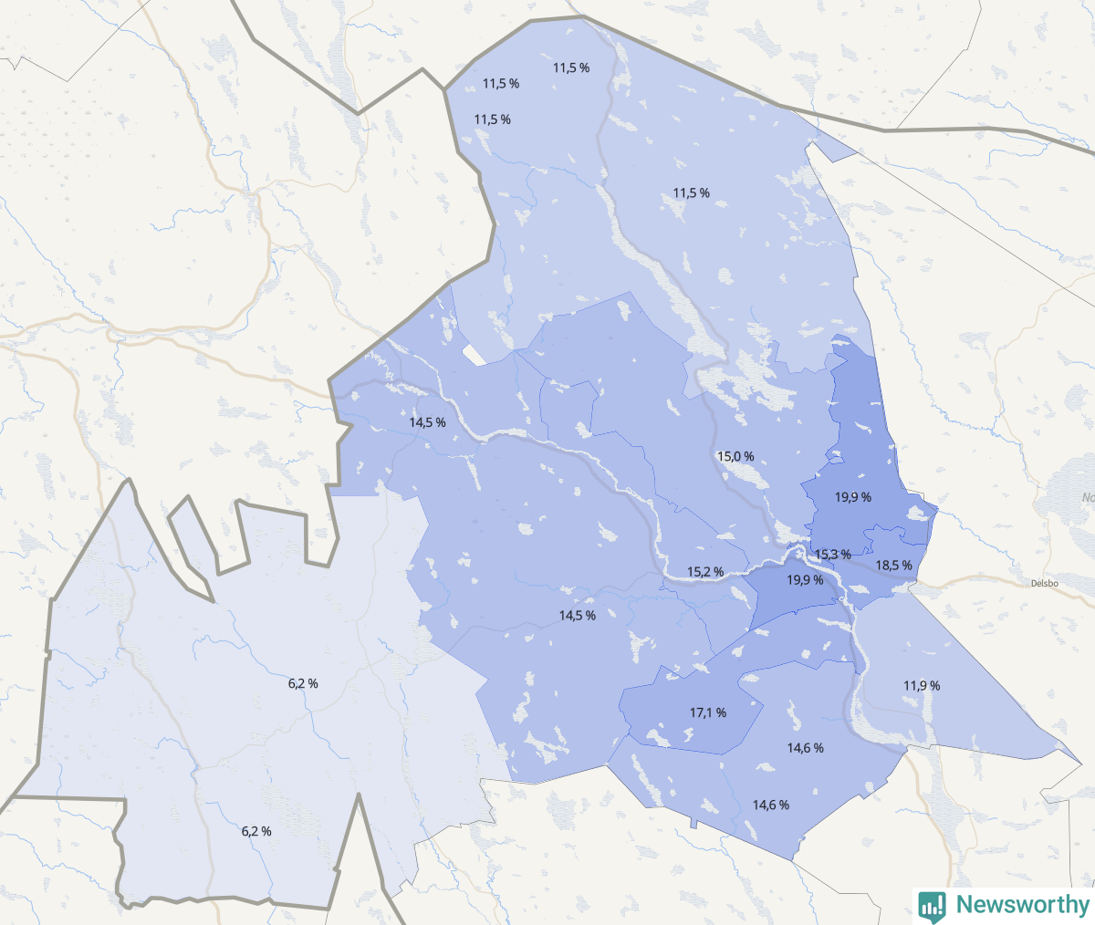 Koroplet-karta över partiets stöd i kommunens valdistrikt. Se tabell.
