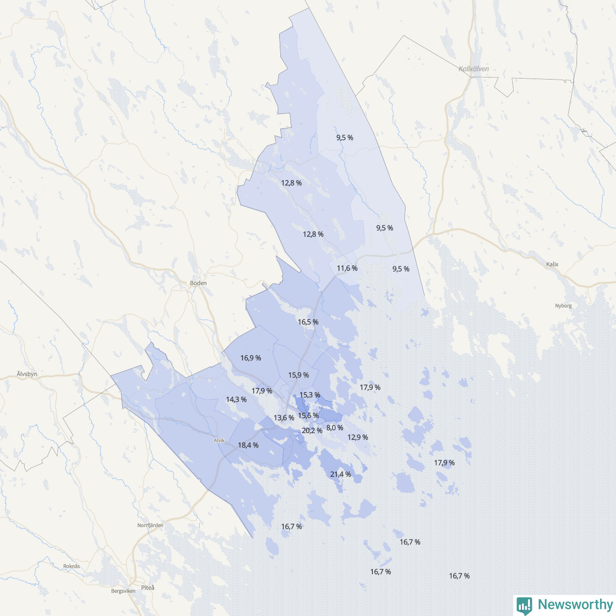 Koroplet-karta över partiets stöd i kommunens valdistrikt. Se tabell.