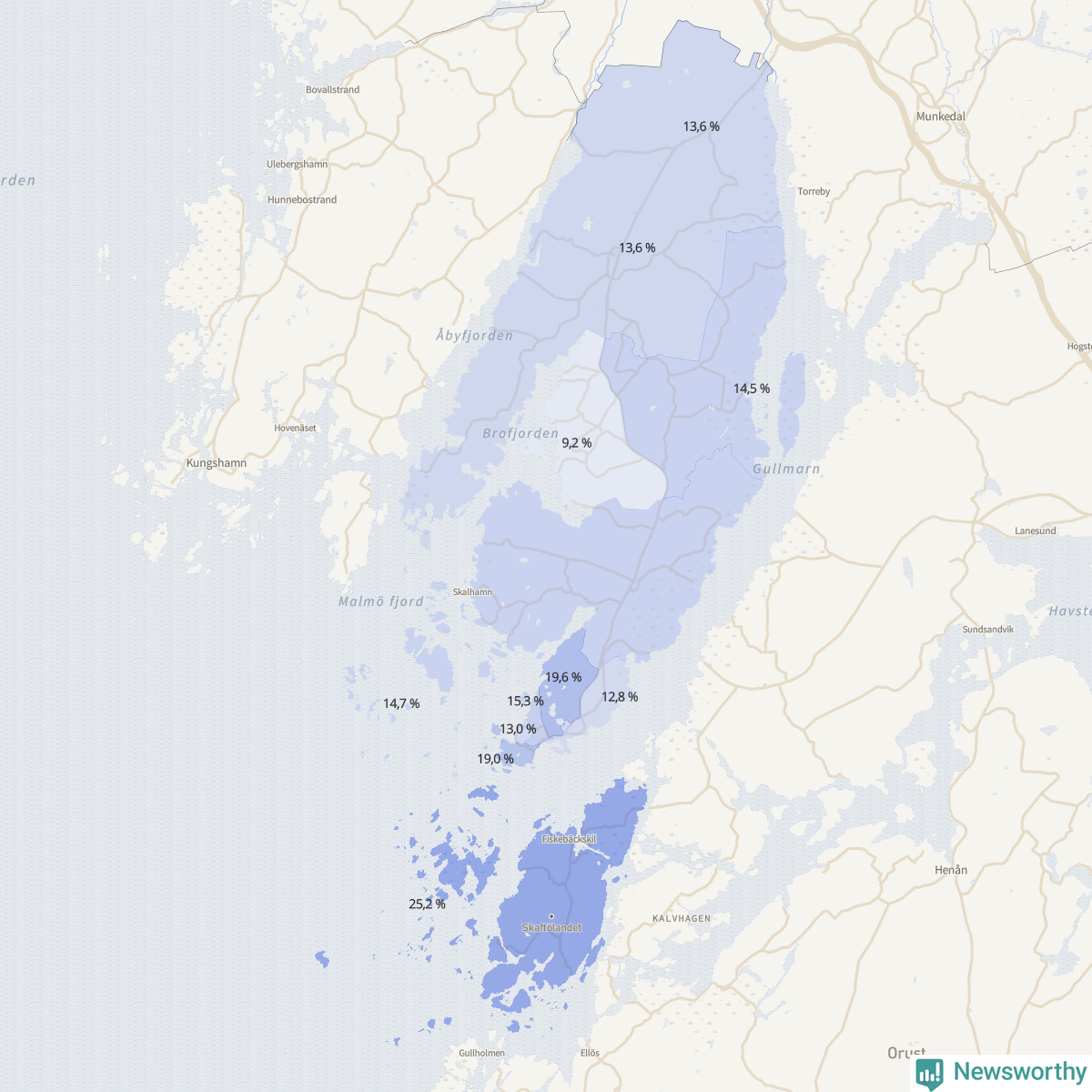 Koroplet-karta över partiets stöd i kommunens valdistrikt. Se tabell.