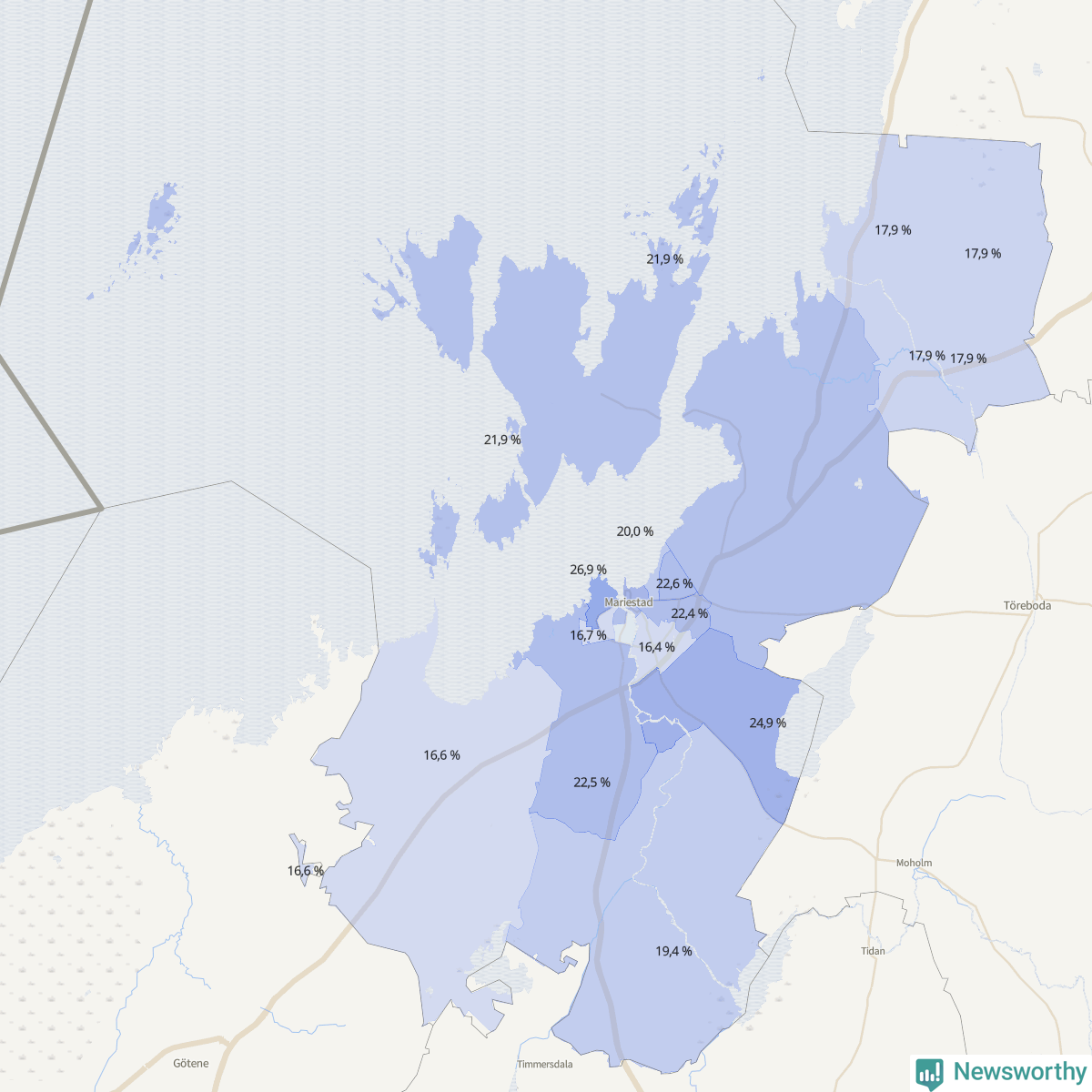 Koroplet-karta över partiets stöd i kommunens valdistrikt. Se tabell.
