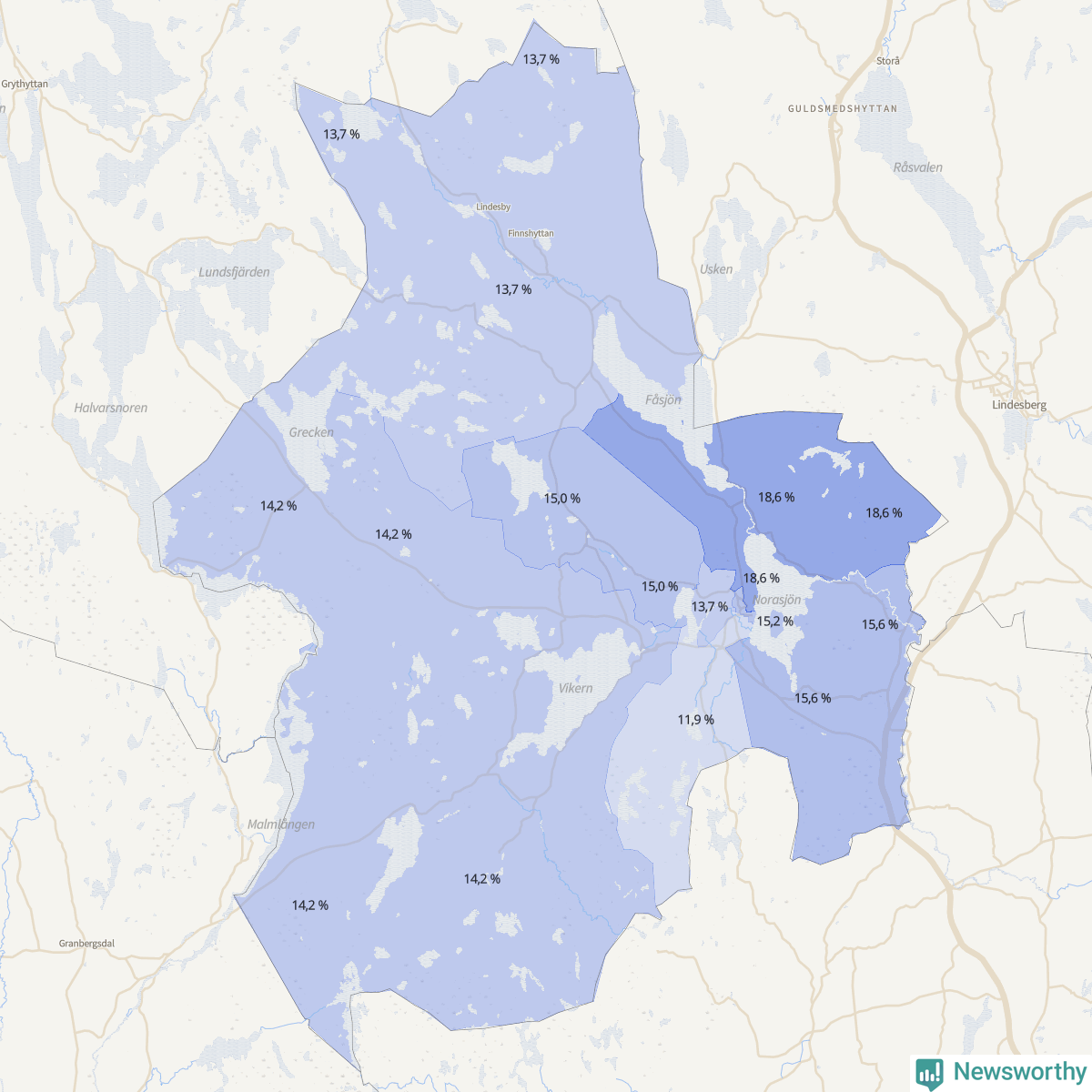 Koroplet-karta över partiets stöd i kommunens valdistrikt. Se tabell.