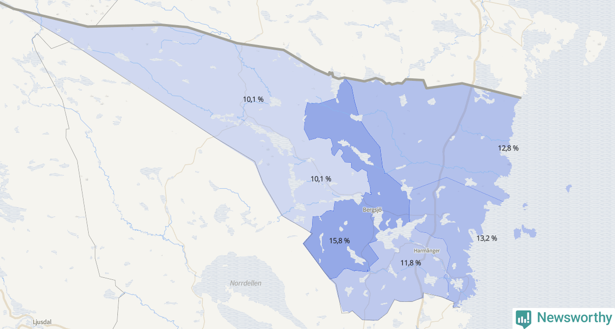 Koroplet-karta över partiets stöd i kommunens valdistrikt. Se tabell.