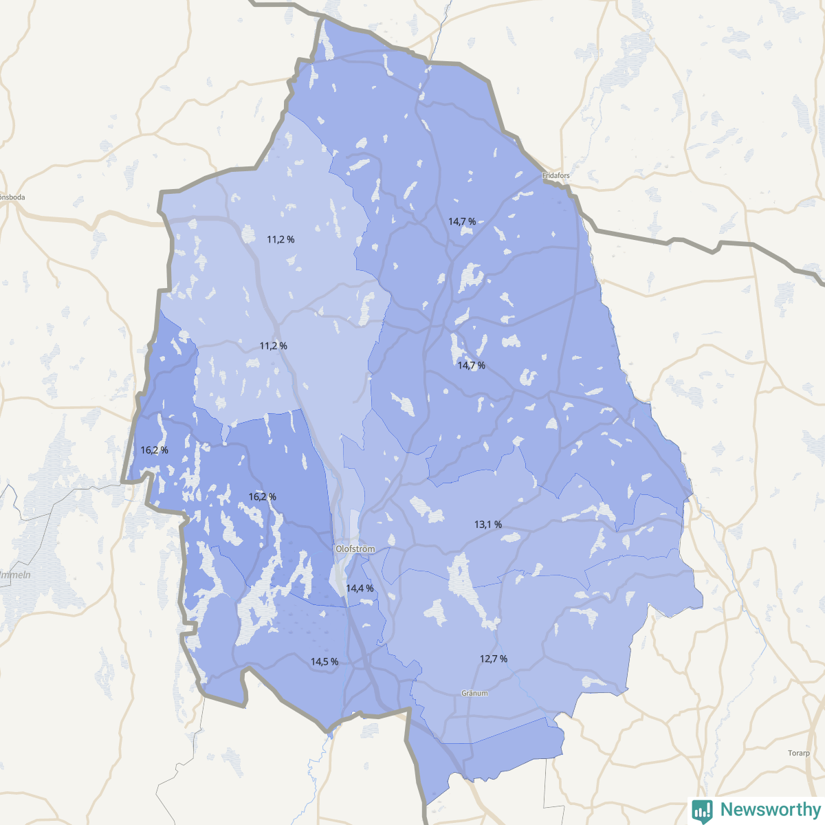 Koroplet-karta över partiets stöd i kommunens valdistrikt. Se tabell.