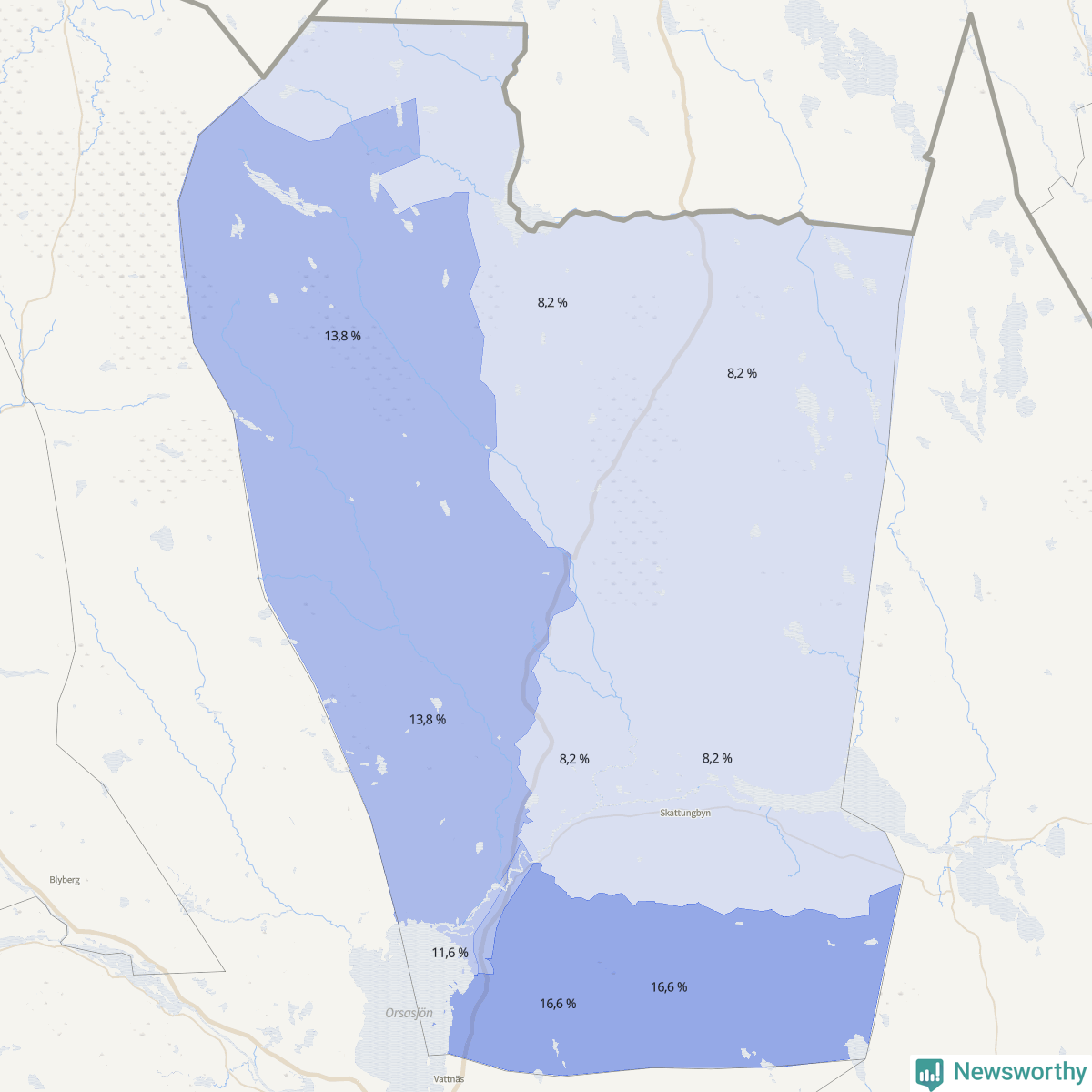 Koroplet-karta över partiets stöd i kommunens valdistrikt. Se tabell.
