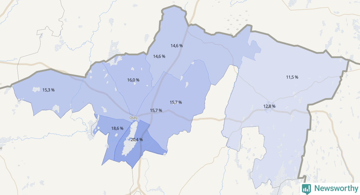 Koroplet-karta över partiets stöd i kommunens valdistrikt. Se tabell.