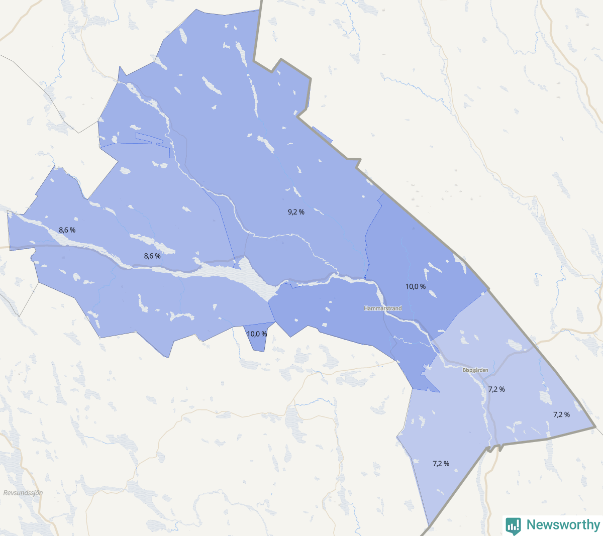 Koroplet-karta över partiets stöd i kommunens valdistrikt. Se tabell.