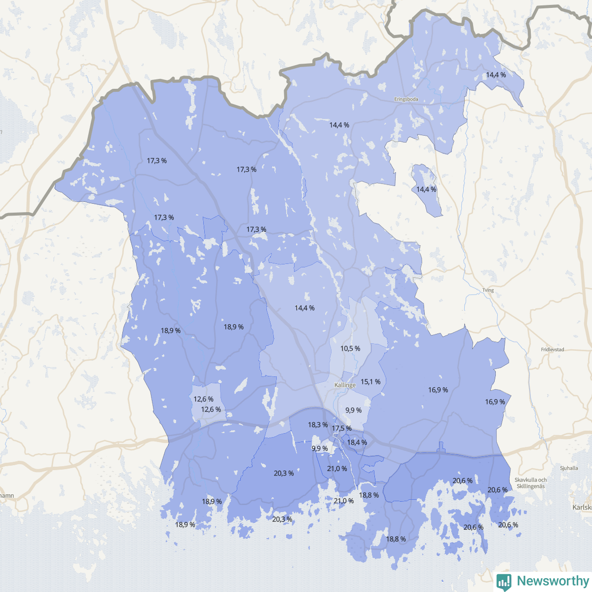 Koroplet-karta över partiets stöd i kommunens valdistrikt. Se tabell.